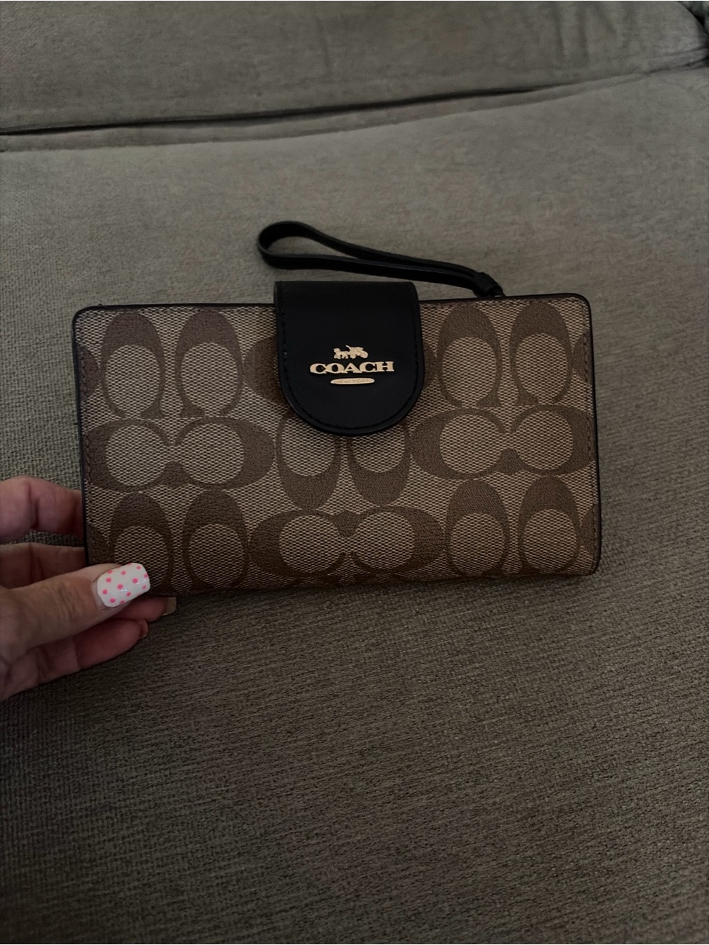 COACH Brown Signature Canvas Wristlet with Black Trim
